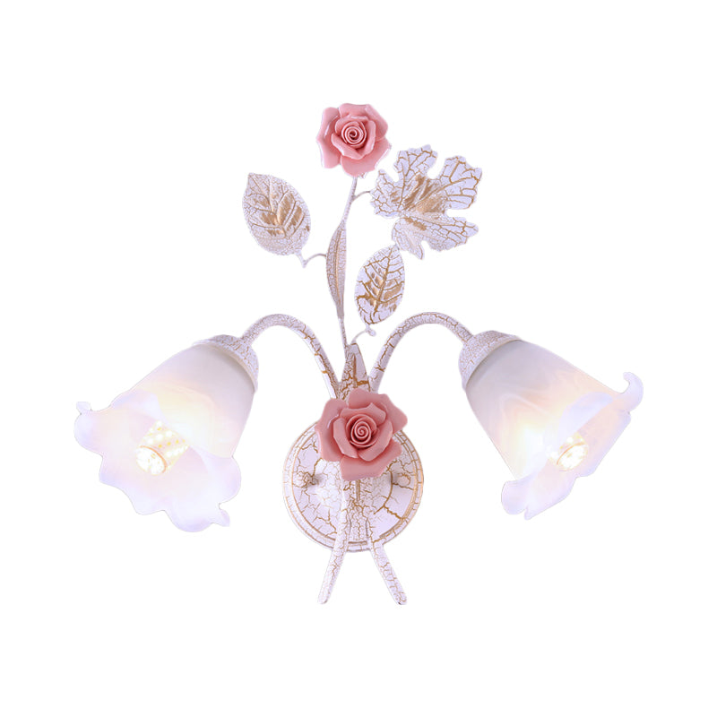 Rynx | 1/2-Light Wall Sconce Pastoral Floral White Glass Wall Mount Lamp with Metal Curved Arm for Living Room