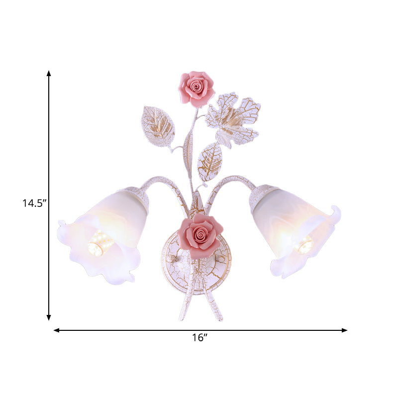 Rynx | 1/2-Light Wall Sconce Pastoral Floral White Glass Wall Mount Lamp with Metal Curved Arm for Living Room