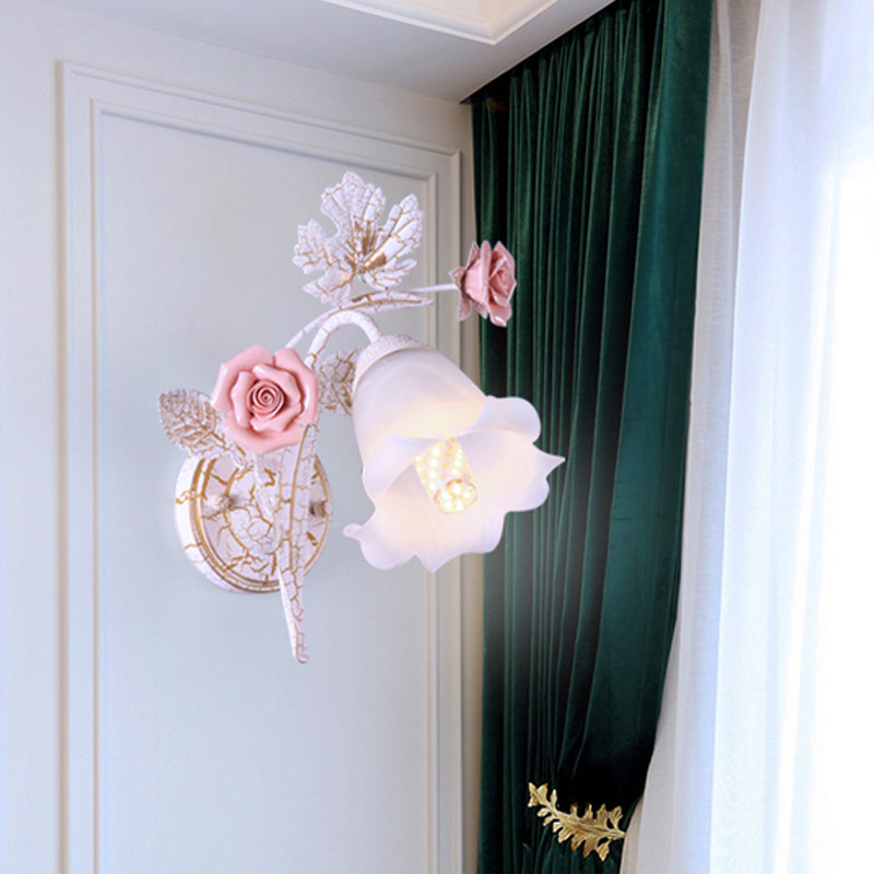 Rynx | 1/2-Light Wall Sconce Pastoral Floral White Glass Wall Mount Lamp with Metal Curved Arm for Living Room
