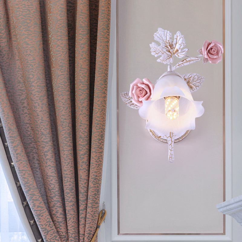 Rynx | 1/2-Light Wall Sconce Pastoral Floral White Glass Wall Mount Lamp with Metal Curved Arm for Living Room