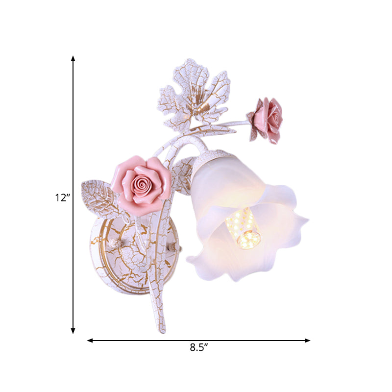 Rynx | 1/2-Light Wall Sconce Pastoral Floral White Glass Wall Mount Lamp with Metal Curved Arm for Living Room