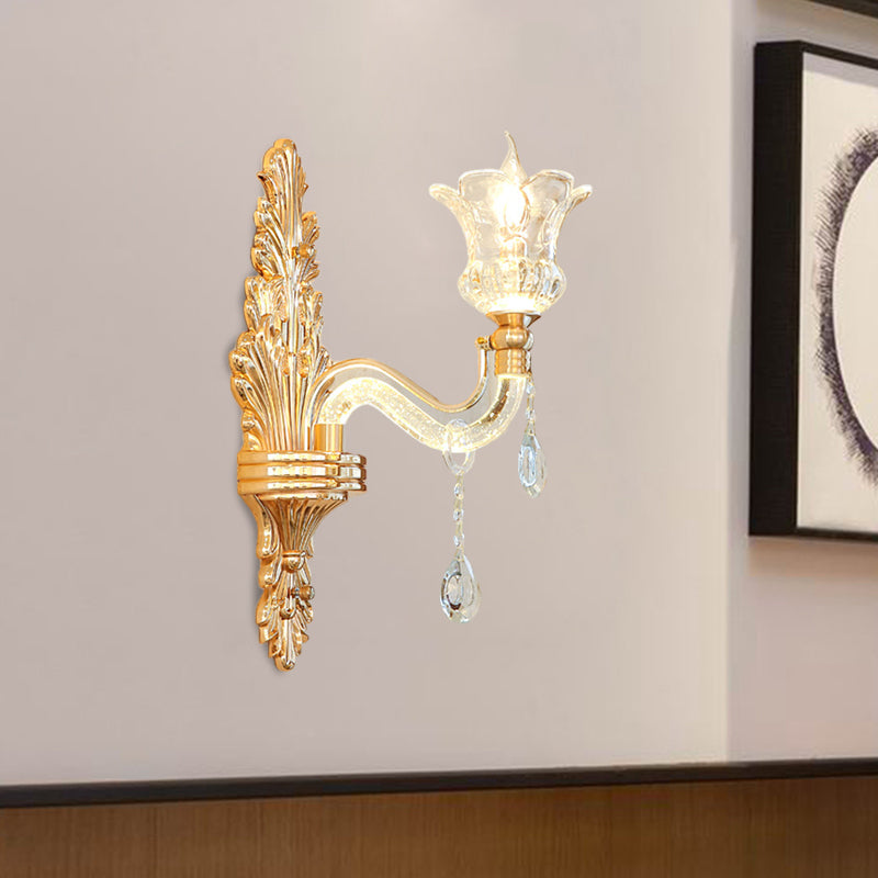 Rynx | Clear Glass Gold Wall Light Flower 1/2-Bulb Traditional Wall-Mounted Lamp with Bubble Crystal Illuminating Arm