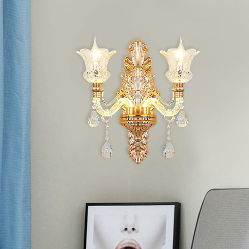 Rynx | Clear Glass Gold Wall Light Flower 1/2-Bulb Traditional Wall-Mounted Lamp with Bubble Crystal Illuminating Arm