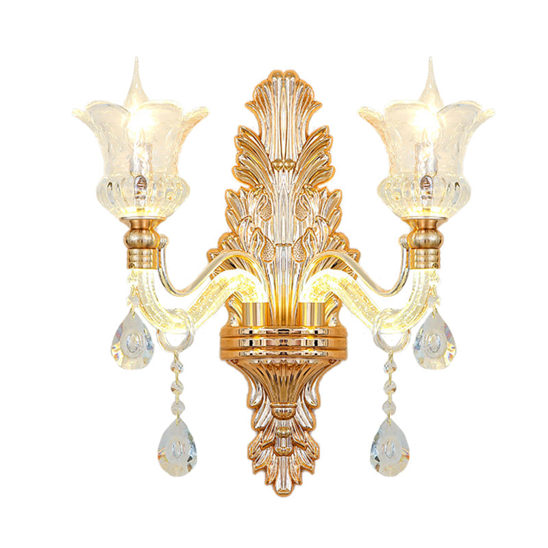 Rynx | Clear Glass Gold Wall Light Flower 1/2-Bulb Traditional Wall-Mounted Lamp with Bubble Crystal Illuminating Arm