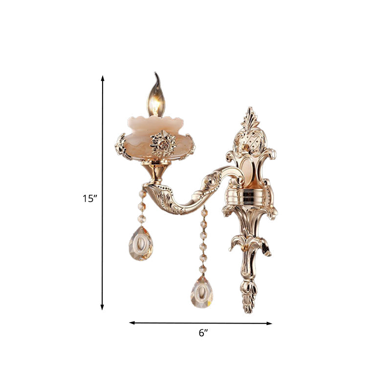 Rynx | 1/2-Head K9 Crystal Wall Light Traditional Gold Candle Corridor Wall Lighting with Jade Dish