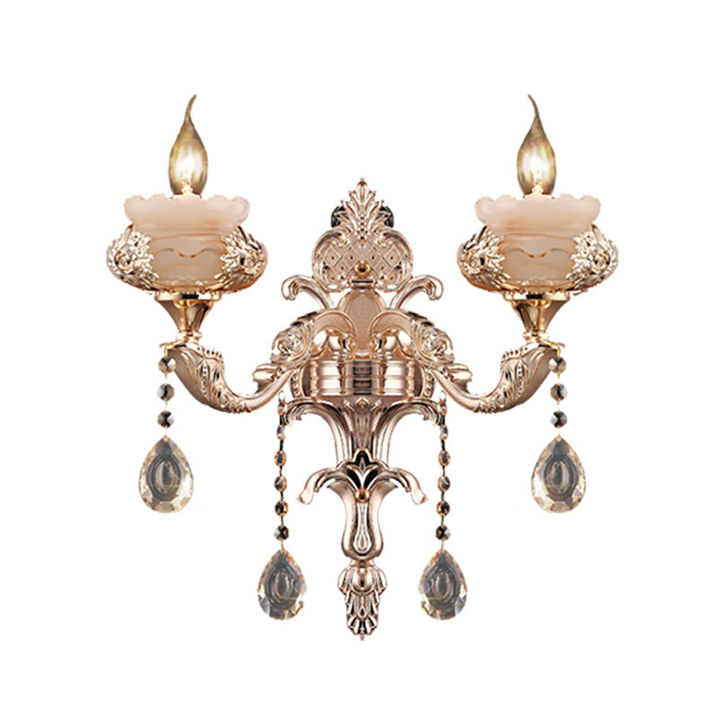 Rynx | 1/2-Head K9 Crystal Wall Light Traditional Gold Candle Corridor Wall Lighting with Jade Dish