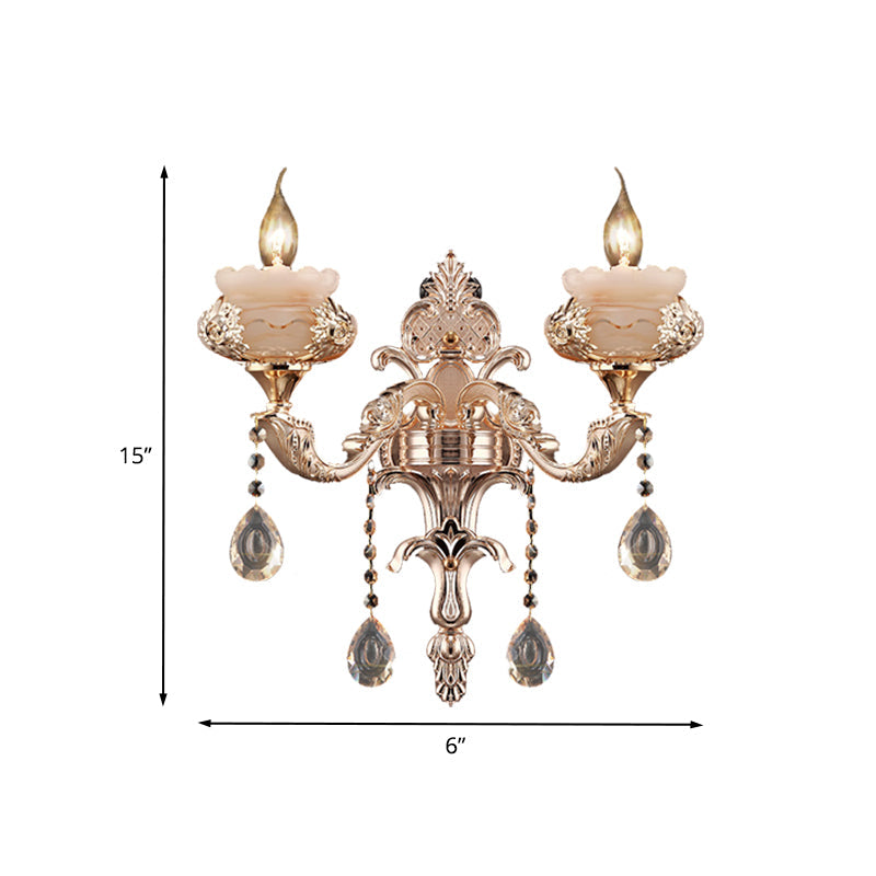 Rynx | 1/2-Head K9 Crystal Wall Light Traditional Gold Candle Corridor Wall Lighting with Jade Dish