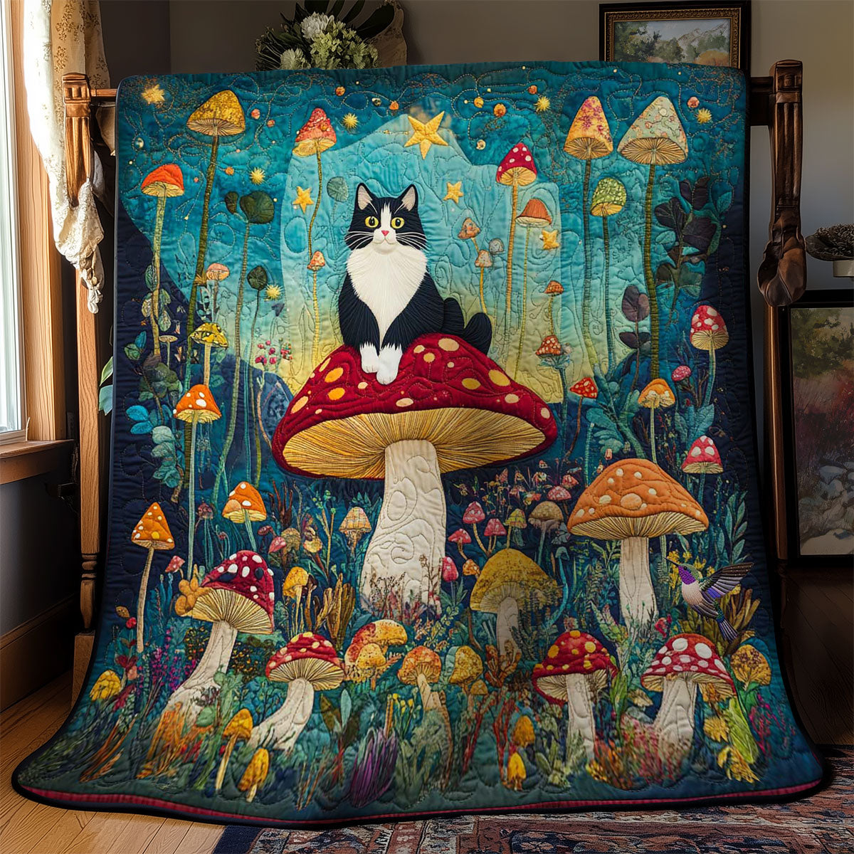 Rynx | Tuxedo cat in mushroom meadow quilt
