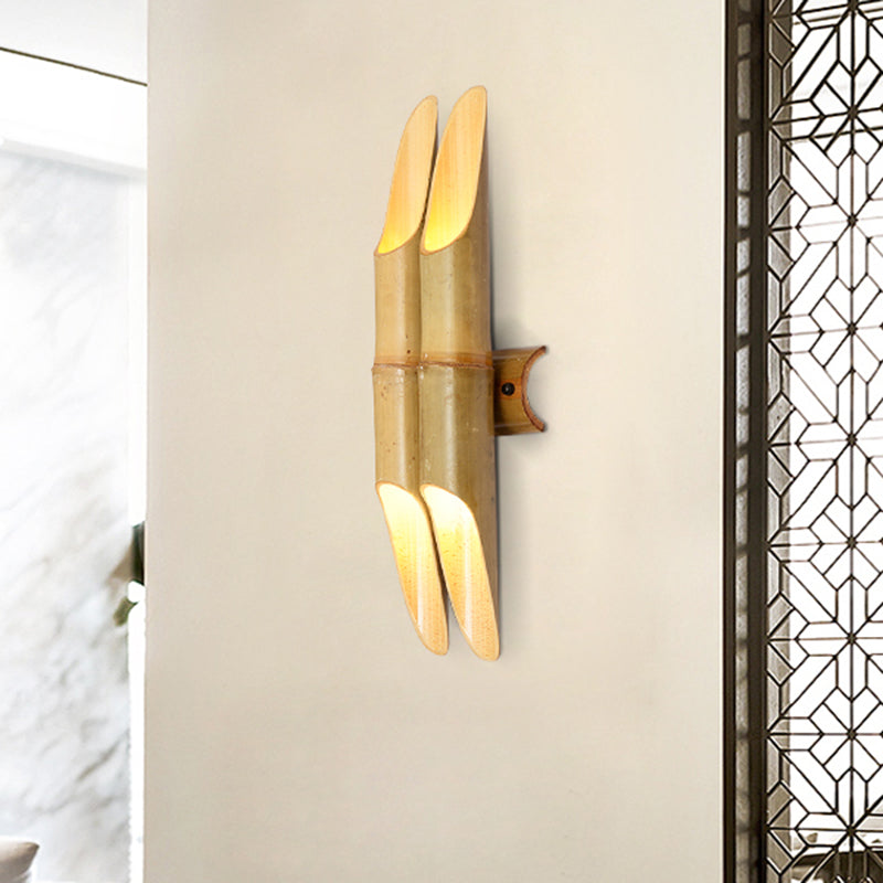 Rynx | 4 Lights Tea Room Wall Sconce Lighting Asian Beige Up-Down Wall Lamp with Double Bar Bamboo Shade