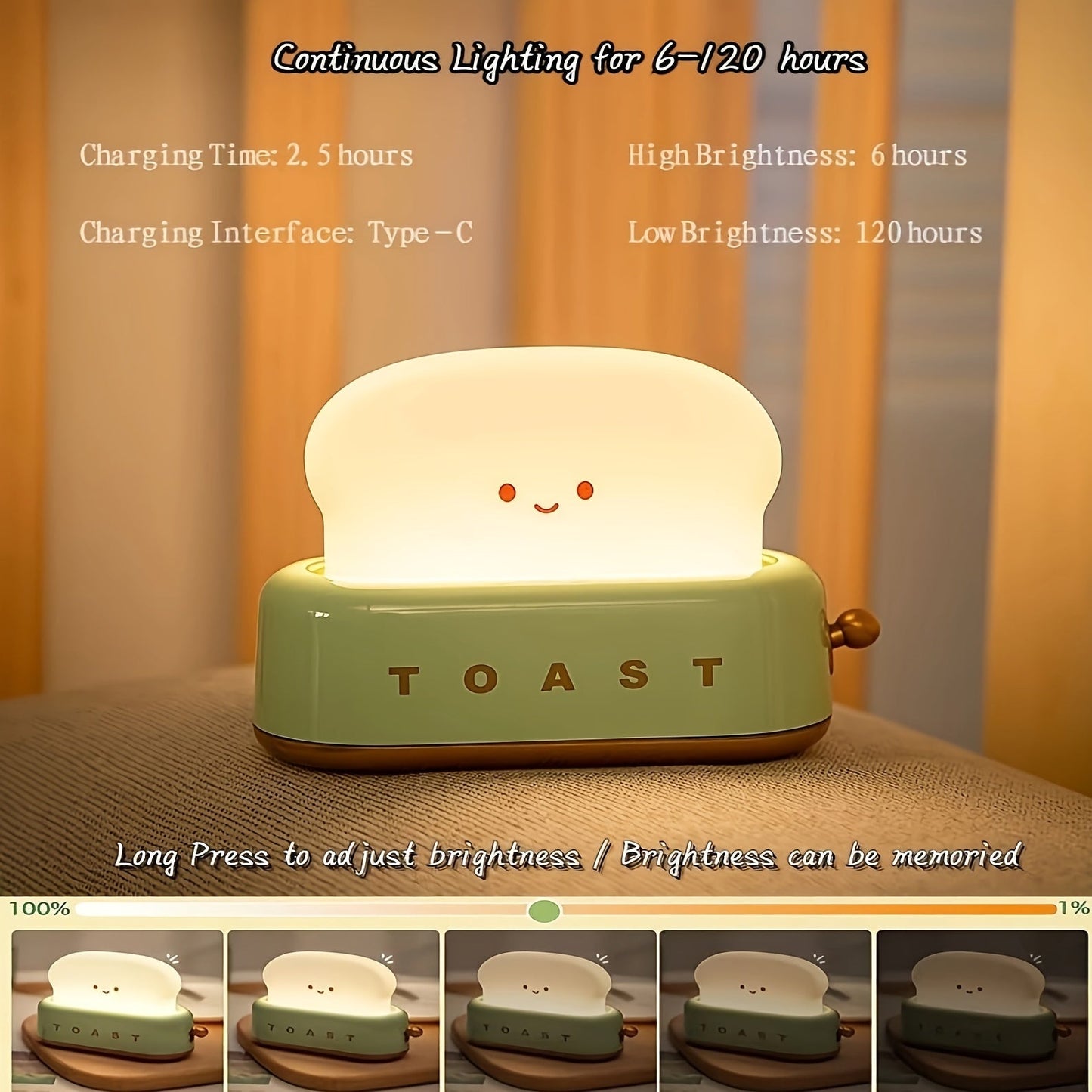Rynx | LumiToast - Sweet USB Rechargeable LED Toaster Table Lamp, 3000K Warm Light