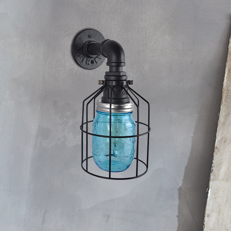 Rynx | Blue/Clear Glass Shade Wall Lamp with Wire Cage Industrial Style Glass 1 Bulb Restaurant Wall Light