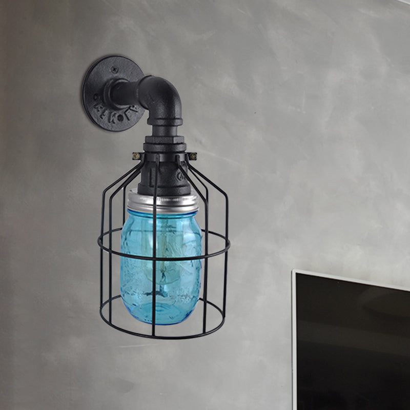Rynx | Blue/Clear Glass Shade Wall Lamp with Wire Cage Industrial Style Glass 1 Bulb Restaurant Wall Light