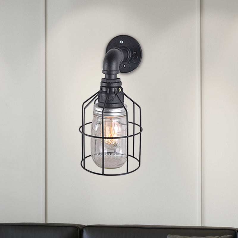 Rynx | Blue/Clear Glass Shade Wall Lamp with Wire Cage Industrial Style Glass 1 Bulb Restaurant Wall Light