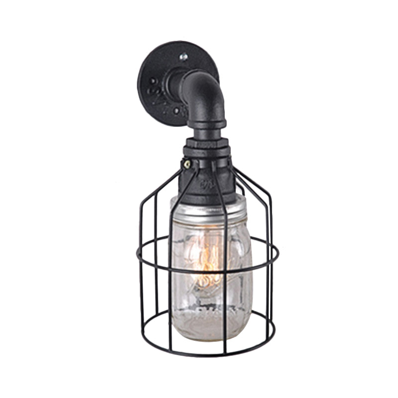 Rynx | Blue/Clear Glass Shade Wall Lamp with Wire Cage Industrial Style Glass 1 Bulb Restaurant Wall Light