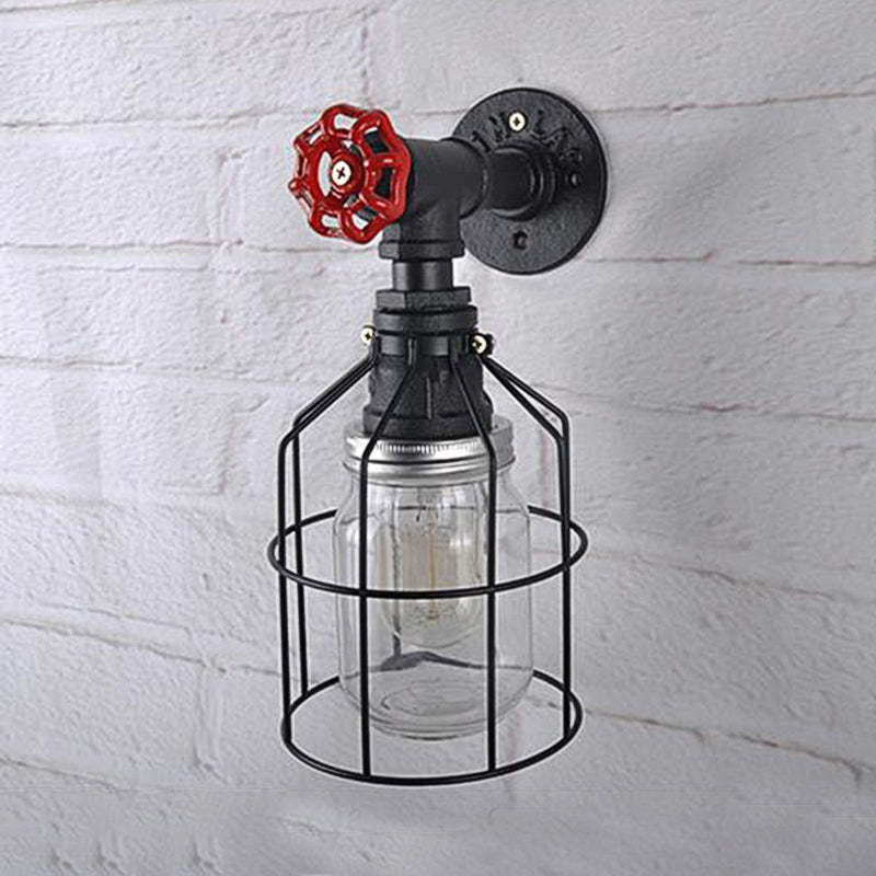 Rynx | Vintage Caged Wall Lamp with Inner Pot Shade and Red Flap 1 Light Glass Wall Lighting in Blue/Transparent