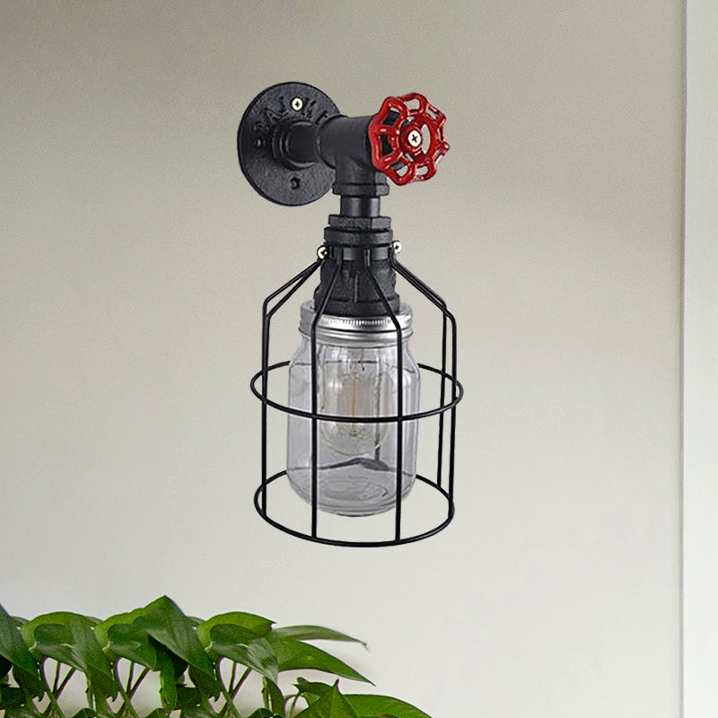 Rynx | Vintage Caged Wall Lamp with Inner Pot Shade and Red Flap 1 Light Glass Wall Lighting in Blue/Transparent