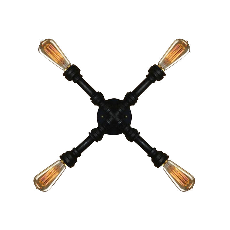 Rynx | 4 bulbs X-shaped wall lighting with water pipe industrial black finish wrought iron wall lamp