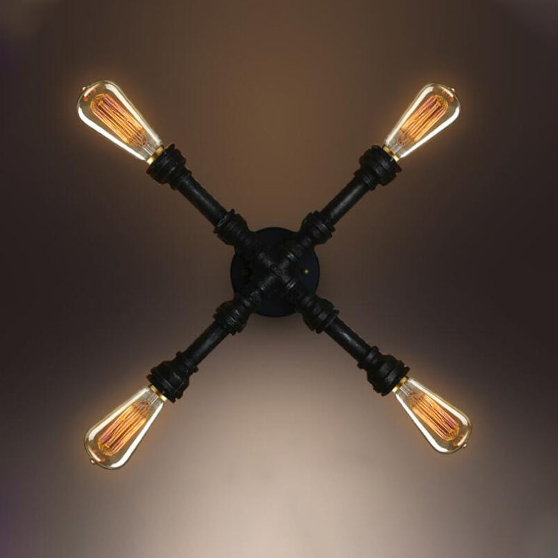 Rynx | 4 bulbs X-shaped wall lighting with water pipe industrial black finish wrought iron wall lamp