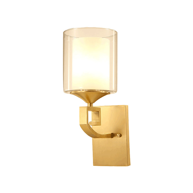 Rynx | 1-light wall lamp fitting colonial style 2-layer cylindrical clear and opal glass wall lighting in brass