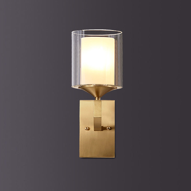 Rynx | 1-light wall lamp fitting colonial style 2-layer cylindrical clear and opal glass wall lighting in brass