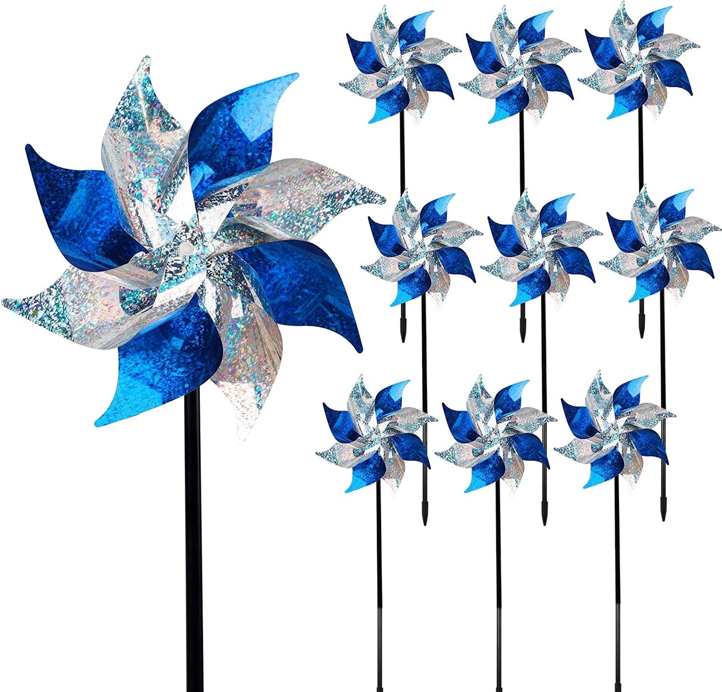 Rynx | 10 Pack Reflective Windmills Patriotic Decorations, American Flag on Stick Wind Spinner with Support for Independence Day, Memorial Day July 4th Party Supplies, Scare Birds Repellent Devices