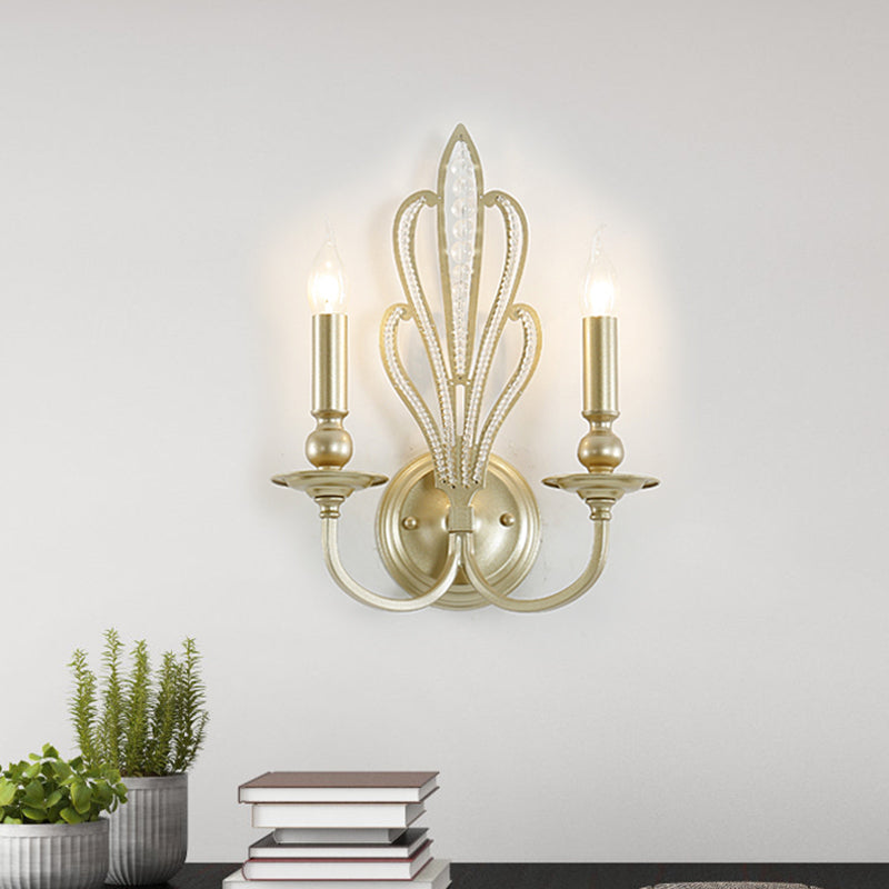 Rynx | Brass Candle Wall Mount Light Fixture Rustic Style Metal 1/2-Head Corridor Wall Lamp with Floral Crystal Accent