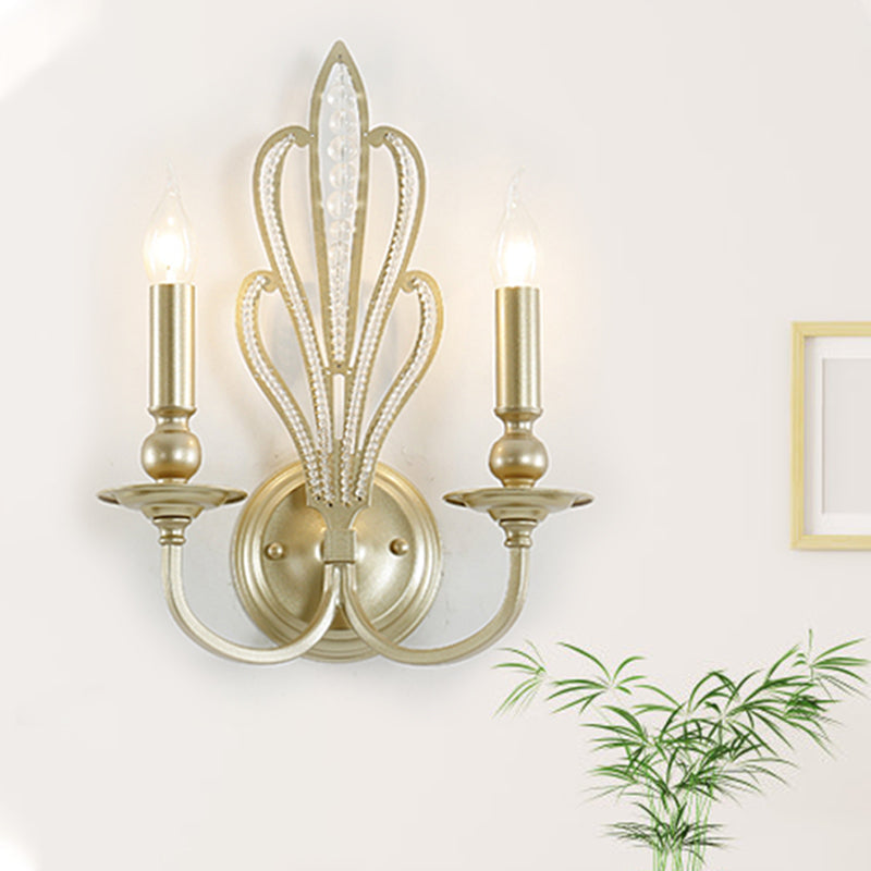 Rynx | Brass Candle Wall Mount Light Fixture Rustic Style Metal 1/2-Head Corridor Wall Lamp with Floral Crystal Accent