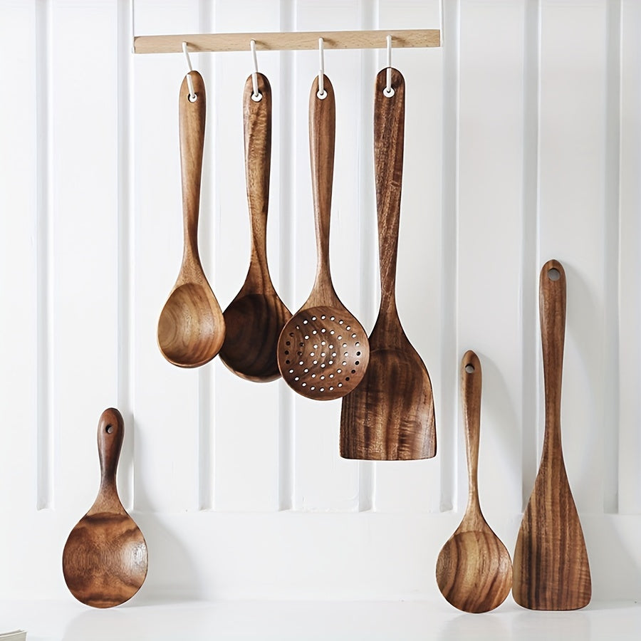 Rynx | 7pcs Premium Teak Wooden Cooking Spoons Set - Ergonomic Non-Stick Spatula with Soft Grip Handle - Perfect for Back to School, Kitchen Essentials, and Culinary Arts