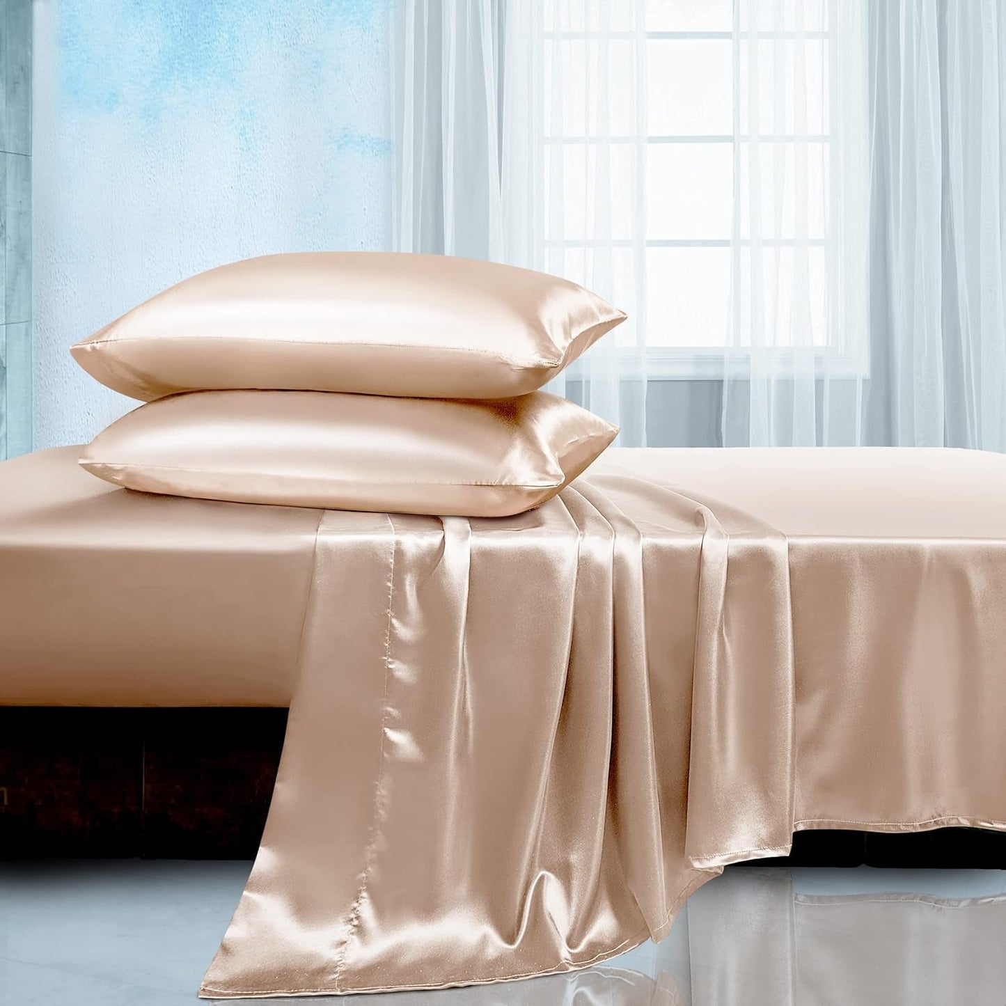 Rynx | Soft Silk Satin Sheet Set, Luxury Bedding Set (1 Satin Fitted Sheet with Elastic, 1 Satin Flat Sheet, 2 Satin Pillowcases (Twin/1 Pillowcase)