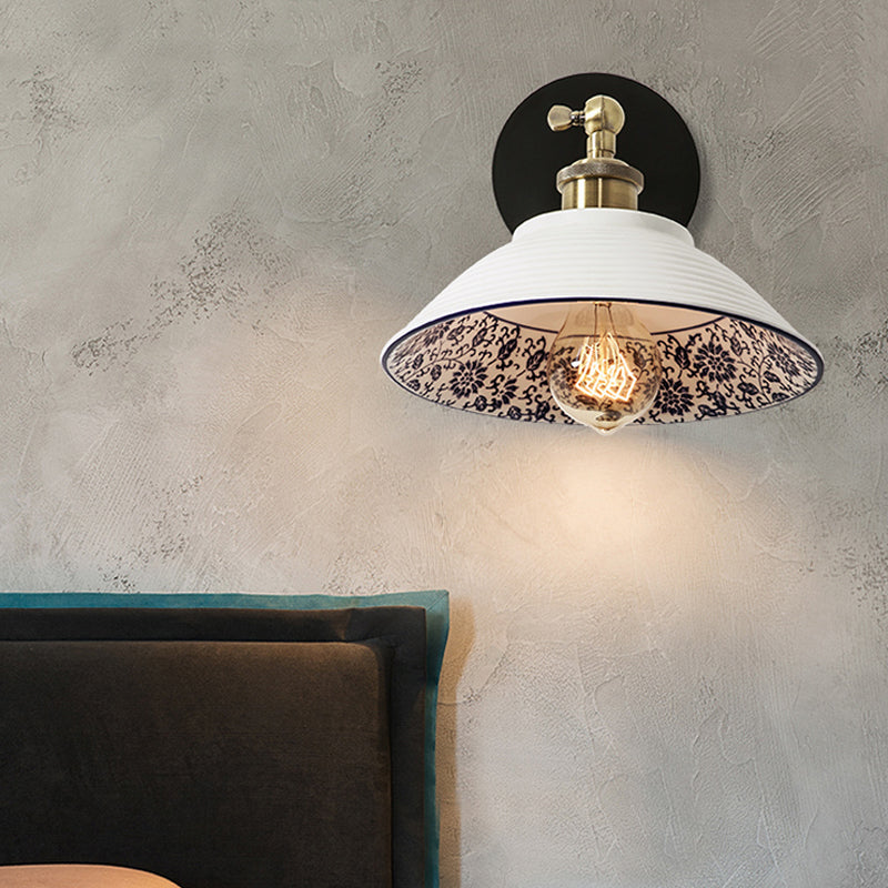 Rynx | 1 Light Wall Mount Lighting Vintage Restaurant Wall Lamp Fixture with Wave/Scalloped Bowl/Ceramic Shade in White