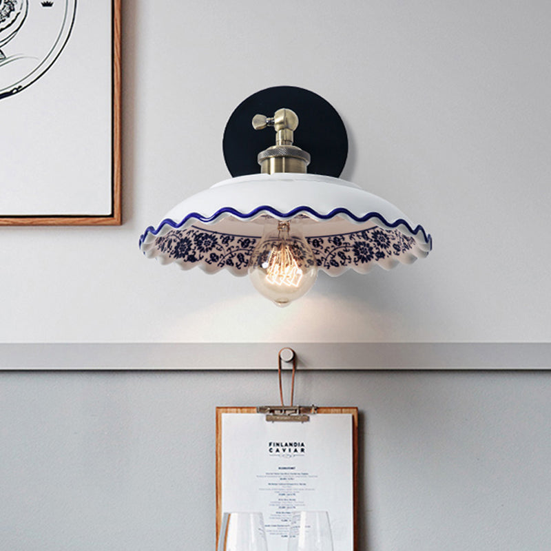 Rynx | 1 Light Wall Mount Lighting Vintage Restaurant Wall Lamp Fixture with Wave/Scalloped Bowl/Ceramic Shade in White