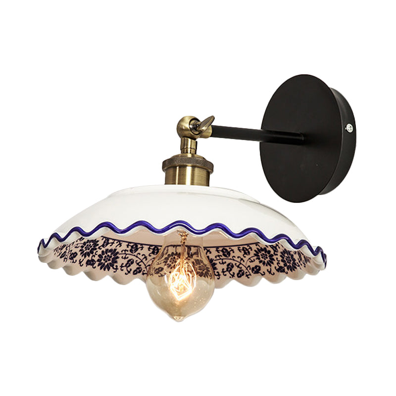 Rynx | 1 Light Wall Mount Lighting Vintage Restaurant Wall Lamp Fixture with Wave/Scalloped Bowl/Ceramic Shade in White