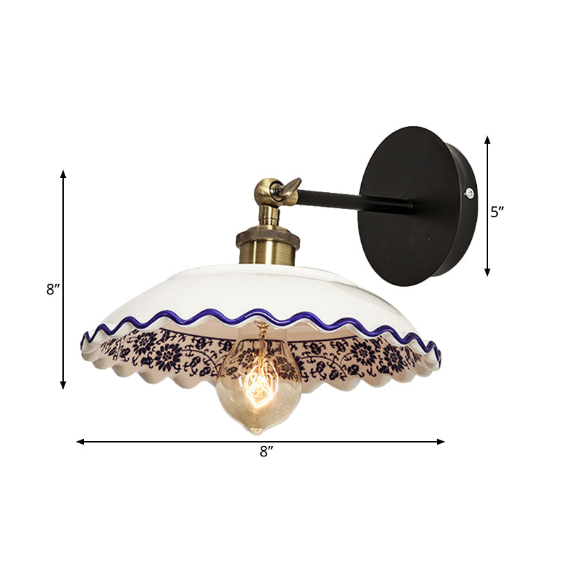 Rynx | 1 Light Wall Mount Lighting Vintage Restaurant Wall Lamp Fixture with Wave/Scalloped Bowl/Ceramic Shade in White