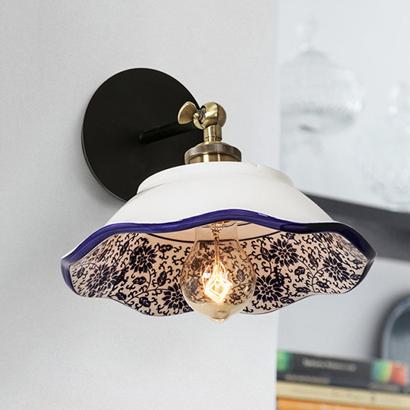 Rynx | 1 Light Wall Mount Lighting Vintage Restaurant Wall Lamp Fixture with Wave/Scalloped Bowl/Ceramic Shade in White