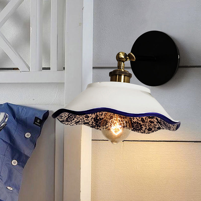 Rynx | 1 Light Wall Mount Lighting Vintage Restaurant Wall Lamp Fixture with Wave/Scalloped Bowl/Ceramic Shade in White