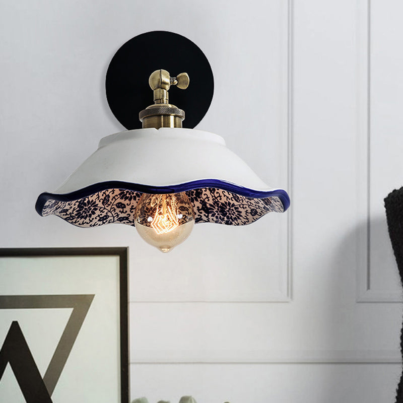 Rynx | 1 Light Wall Mount Lighting Vintage Restaurant Wall Lamp Fixture with Wave/Scalloped Bowl/Ceramic Shade in White