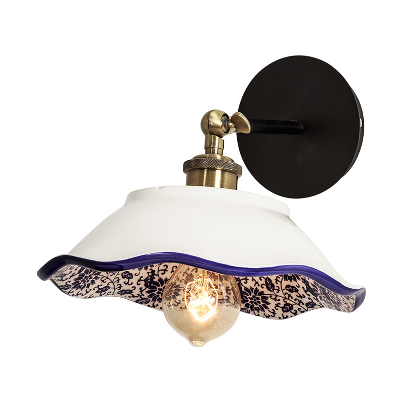 Rynx | 1 Light Wall Mount Lighting Vintage Restaurant Wall Lamp Fixture with Wave/Scalloped Bowl/Ceramic Shade in White