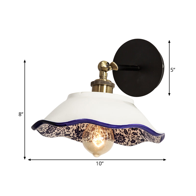 Rynx | 1 Light Wall Mount Lighting Vintage Restaurant Wall Lamp Fixture with Wave/Scalloped Bowl/Ceramic Shade in White