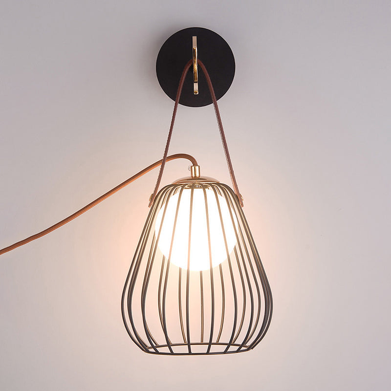 Rynx | Pear cage iron wall sconce minimalist 1-head black surface LED wall lighting ideas with leather handle