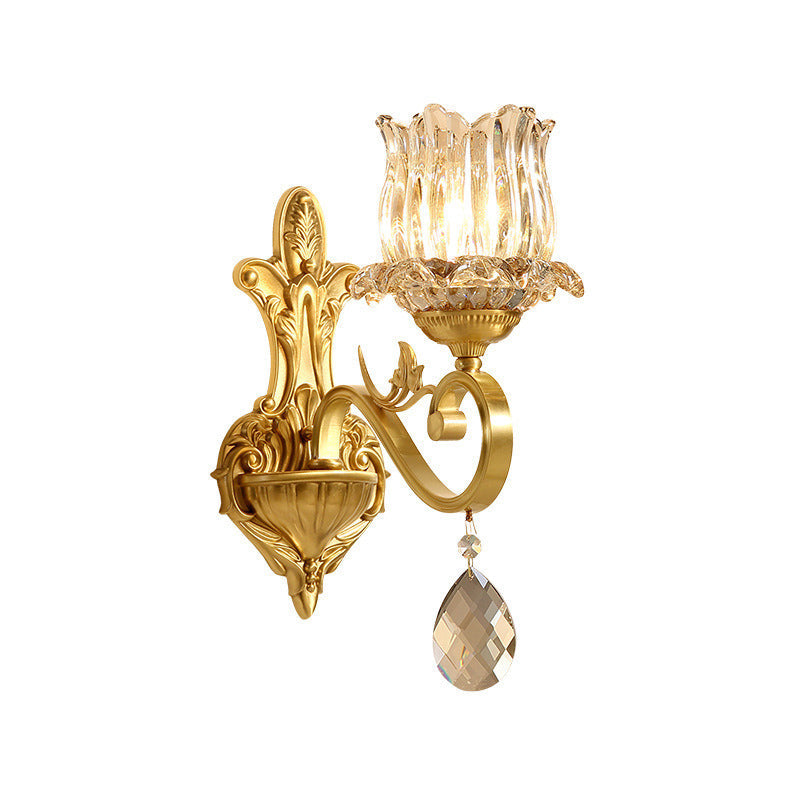 Rynx | 1 Light Flower Wall Lighting Ideas Traditional golden finish crystal wall lamp with curved arm