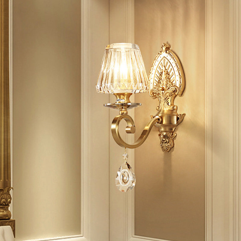 Rynx | 1-Bulb Wall Mounted Lighting Country Style Cone Facet Crystal Wall Lamp Fixture in Gold with Swivel Arm