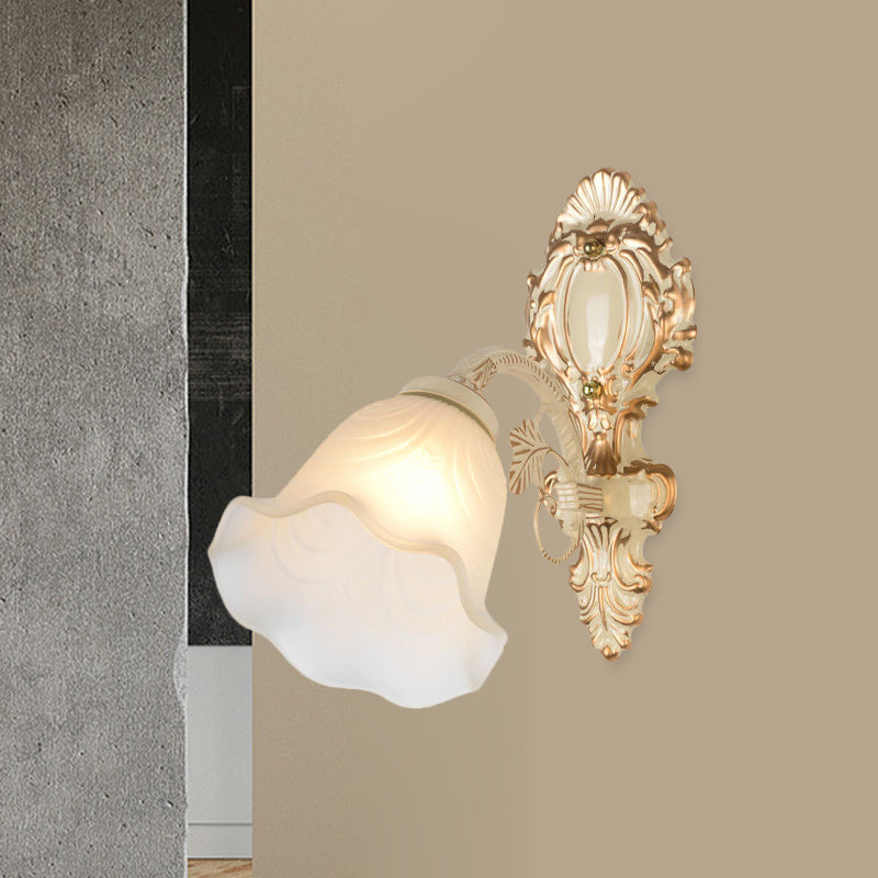 Rynx | Floral Frosted Glass Wall Lamp Vintage 1 Bulb Bedroom Wall Mount Lighting Fixture in Beige