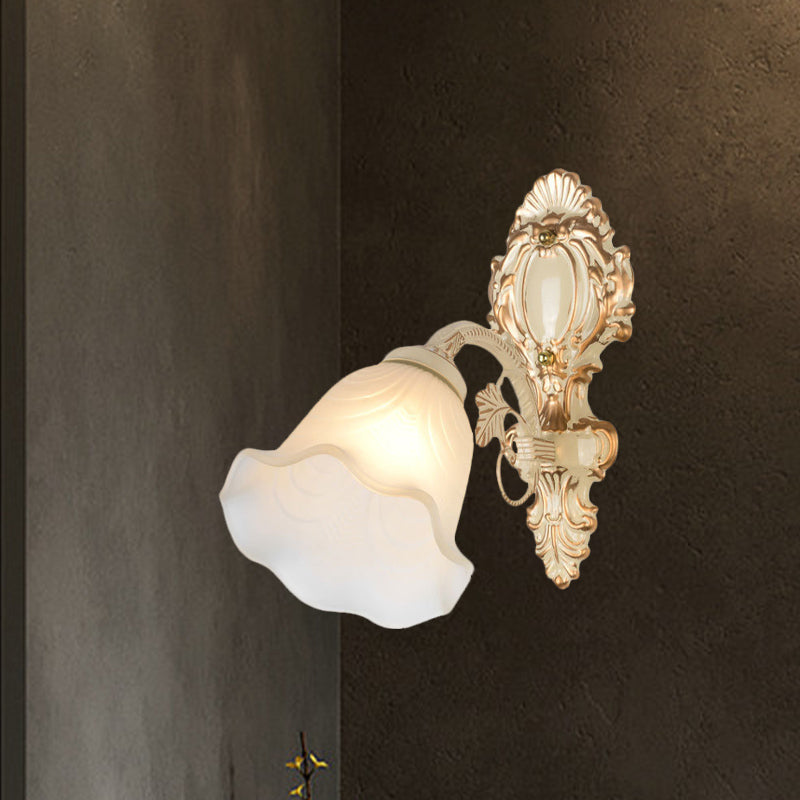 Rynx | Floral Frosted Glass Wall Lamp Vintage 1 Bulb Bedroom Wall Mount Lighting Fixture in Beige