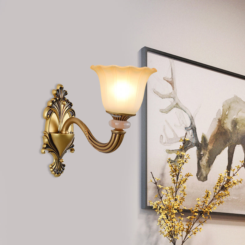 Rynx | 1/2-Head Wall Lamp Traditional Flower Shape Opal Glass Top Wall Mount Light Fixture in Brass