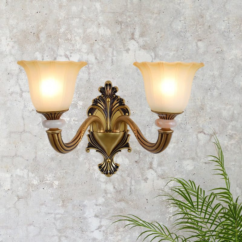 Rynx | 1/2-Head Wall Lamp Traditional Flower Shape Opal Glass Top Wall Mount Light Fixture in Brass