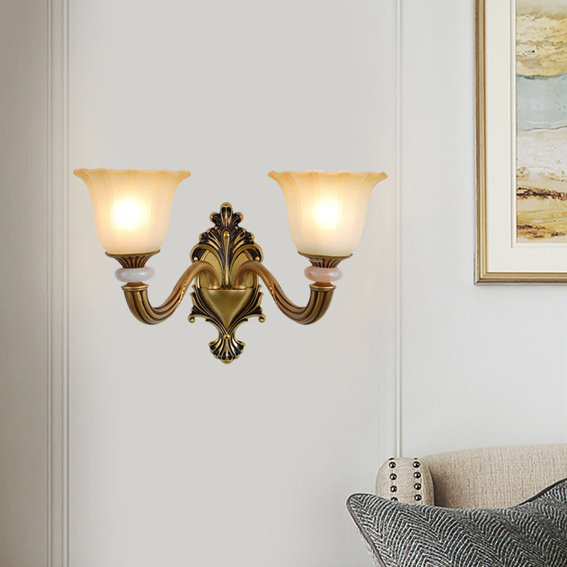 Rynx | 1/2-Head Wall Lamp Traditional Flower Shape Opal Glass Top Wall Mount Light Fixture in Brass