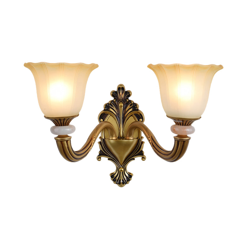 Rynx | 1/2-Head Wall Lamp Traditional Flower Shape Opal Glass Top Wall Mount Light Fixture in Brass
