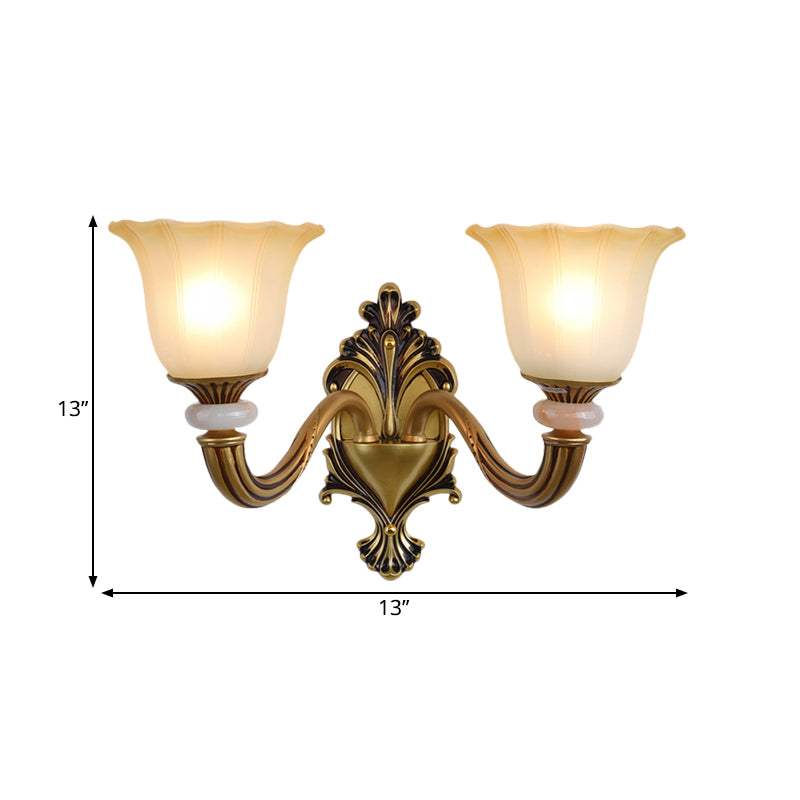 Rynx | 1/2-Head Wall Lamp Traditional Flower Shape Opal Glass Top Wall Mount Light Fixture in Brass