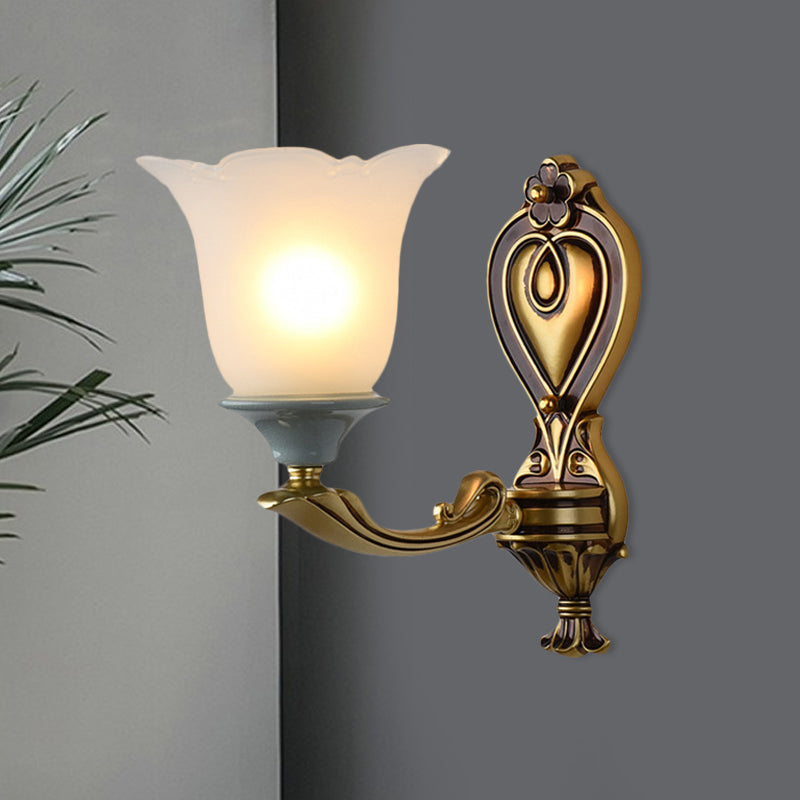 Rynx | 1/2-Head Wall Lamp Traditional Flower Shape Opal Glass Top Wall Mount Light Fixture in Brass