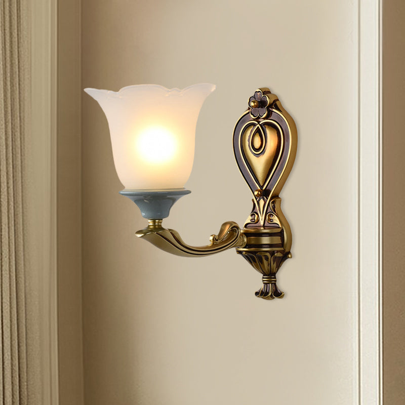 Rynx | 1/2-Head Wall Lamp Traditional Flower Shape Opal Glass Top Wall Mount Light Fixture in Brass